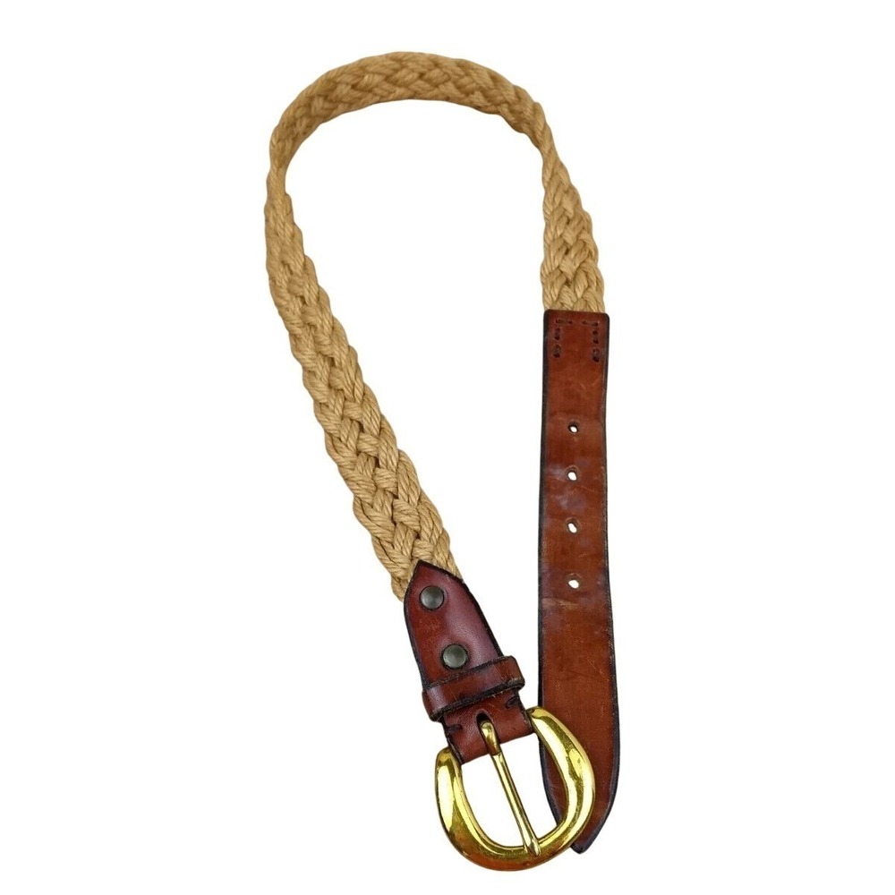 Braided Rope Belt Women's S Tan Woven Brown Leather Trim Gold Tone Round Buckle